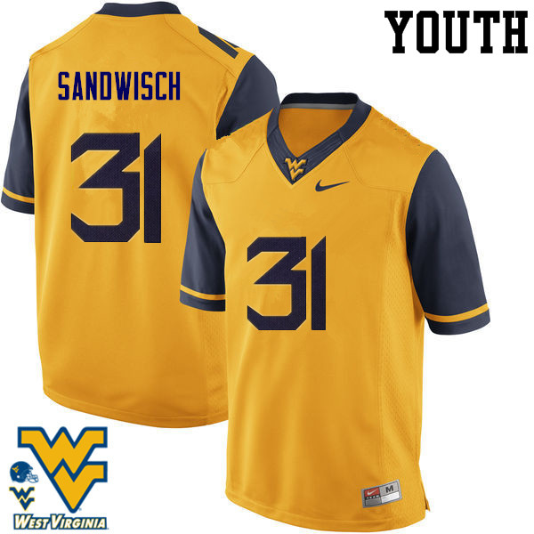 NCAA Youth Zach Sandwisch West Virginia Mountaineers Gold #31 Nike Stitched Football College Authentic Jersey SR23N74SU